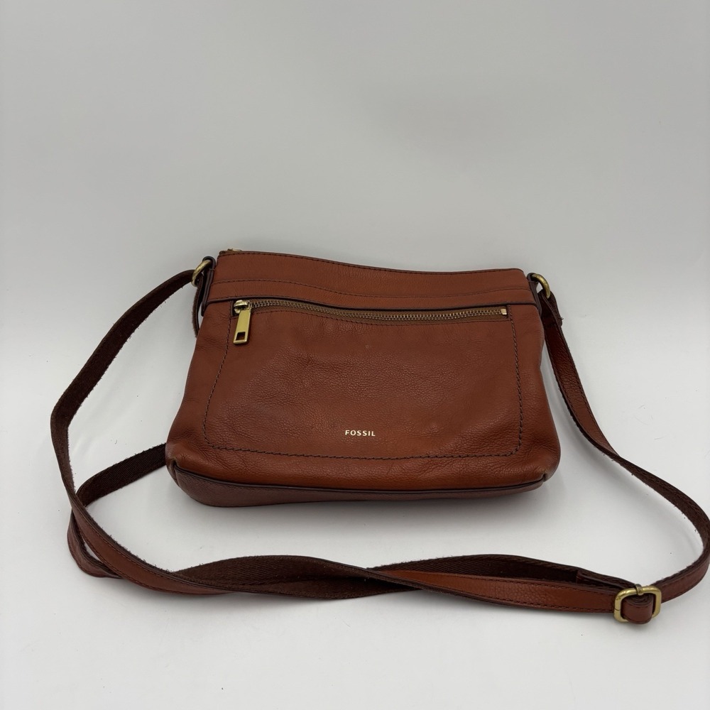 Fossil Brown Leather Crossbody Purse Shoulder Bag Minimalist Pebbled Medium - Picture 4 of 15